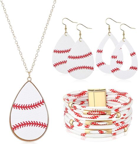 Misdary 4 Sets Baseball Jewelry for Women Baseball Necklace Earrings Bracelet Faux Leather Sport Ball Teardrop Earrings Gifts in Saudi Arabia