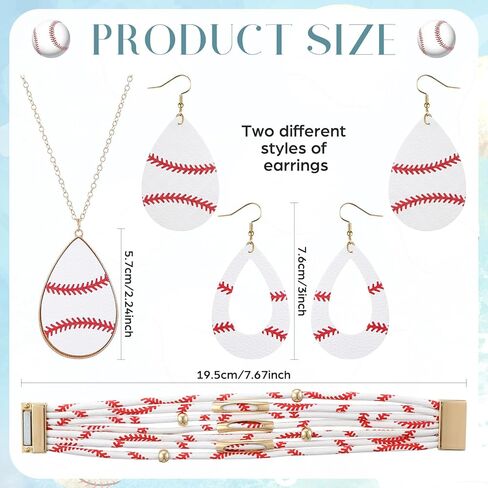Misdary 4 Sets Baseball Jewelry for Women Baseball Necklace Earrings Bracelet Faux Leather Sport Ball Teardrop Earrings Gifts in Saudi Arabia