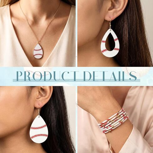 Misdary 4 Sets Baseball Jewelry for Women Baseball Necklace Earrings Bracelet Faux Leather Sport Ball Teardrop Earrings Gifts in Saudi Arabia