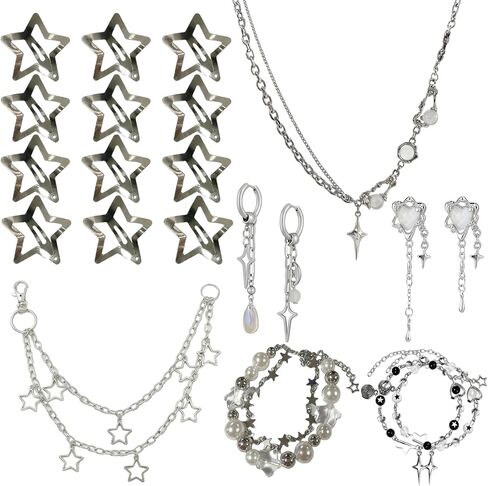 Quelay 21 Pcs Y2k Sliver Jewelry Set Star Shaped Layered Necklace Chain Hip Hop Hair Clip Grunge Aesthetic Vintage 2000s Cute Accessories for Christmas Party Birthday Date Role Playing Gift for Women in Saudi Arabia