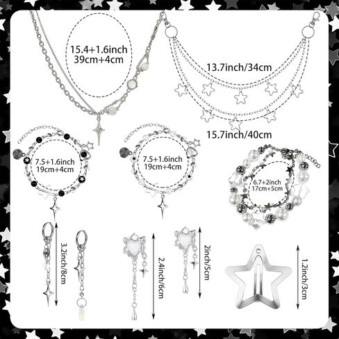 Quelay 21 Pcs Y2k Sliver Jewelry Set Star Shaped Layered Necklace Chain Hip Hop Hair Clip Grunge Aesthetic Vintage 2000s Cute Accessories for Christmas Party Birthday Date Role Playing Gift for Women in Saudi Arabia
