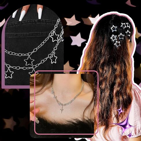 Quelay 21 Pcs Y2k Sliver Jewelry Set Star Shaped Layered Necklace Chain Hip Hop Hair Clip Grunge Aesthetic Vintage 2000s Cute Accessories for Christmas Party Birthday Date Role Playing Gift for Women in Saudi Arabia
