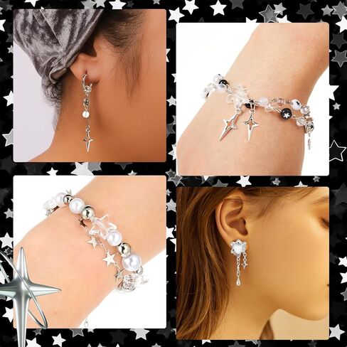 Quelay 21 Pcs Y2k Sliver Jewelry Set Star Shaped Layered Necklace Chain Hip Hop Hair Clip Grunge Aesthetic Vintage 2000s Cute Accessories for Christmas Party Birthday Date Role Playing Gift for Women in Saudi Arabia