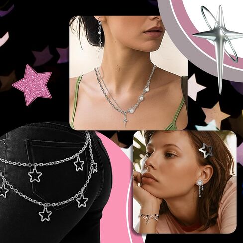Quelay 21 Pcs Y2k Sliver Jewelry Set Star Shaped Layered Necklace Chain Hip Hop Hair Clip Grunge Aesthetic Vintage 2000s Cute Accessories for Christmas Party Birthday Date Role Playing Gift for Women in Saudi Arabia