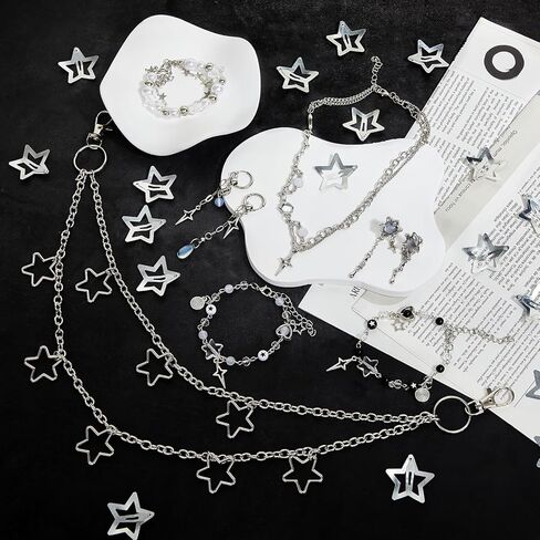 Quelay 21 Pcs Y2k Sliver Jewelry Set Star Shaped Layered Necklace Chain Hip Hop Hair Clip Grunge Aesthetic Vintage 2000s Cute Accessories for Christmas Party Birthday Date Role Playing Gift for Women in Saudi Arabia