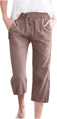 Linen Capris for Women Trendy Summer Wed Leg Capri Pants High Waist Lounge Trousers Boho Beach Resort Wear 2026 in Saudi Arabia