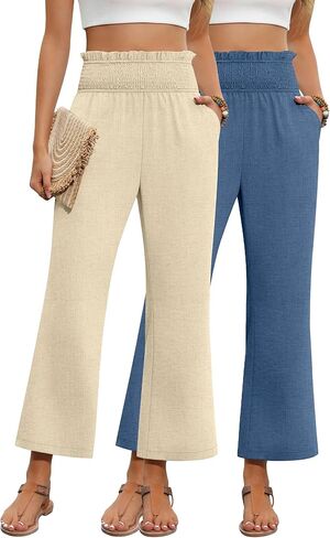 2 Pack Women's Linen Pants, High Waist Cropped Wide Leg Loose Pants with Pockets Flowy Palazzo Beach Trousers in Saudi Arabia