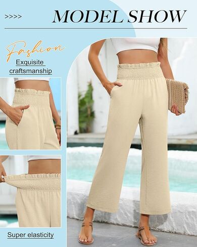 2 Pack Women's Linen Pants, High Waist Cropped Wide Leg Loose Pants with Pockets Flowy Palazzo Beach Trousers in Saudi Arabia