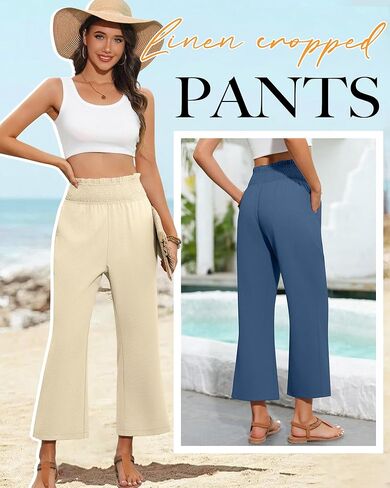 2 Pack Women's Linen Pants, High Waist Cropped Wide Leg Loose Pants with Pockets Flowy Palazzo Beach Trousers in Saudi Arabia