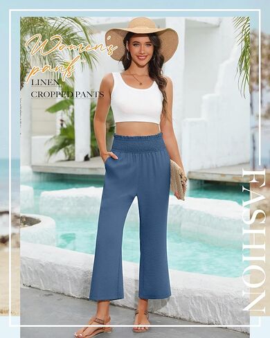 2 Pack Women's Linen Pants, High Waist Cropped Wide Leg Loose Pants with Pockets Flowy Palazzo Beach Trousers in Saudi Arabia