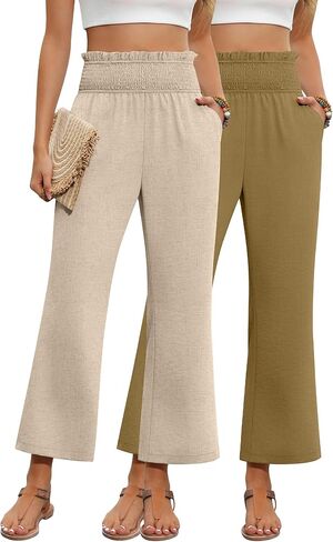 2 Pack Women's Linen Pants, High Waist Cropped Wide Leg Loose Pants with Pockets Flowy Palazzo Beach Trousers in Saudi Arabia
