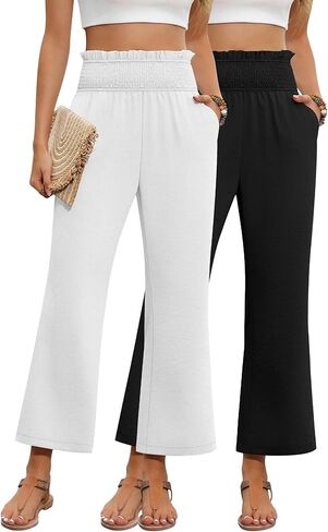 2 Pack Women's Linen Pants, High Waist Cropped Wide Leg Loose Pants with Pockets Flowy Palazzo Beach Trousers in Saudi Arabia