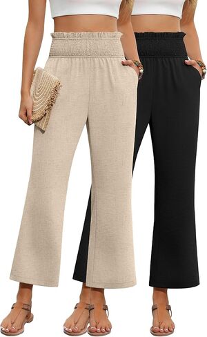 2 Pack Women's Linen Pants, High Waist Cropped Wide Leg Loose Pants with Pockets Flowy Palazzo Beach Trousers in Saudi Arabia