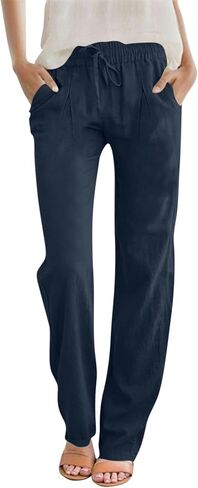 LRMQS Summer Cotton Linen Pants for Women 2026 Casual Drawstring Elastic Waist Trendy Trousers with Pockets Beach Clothes in Saudi Arabia