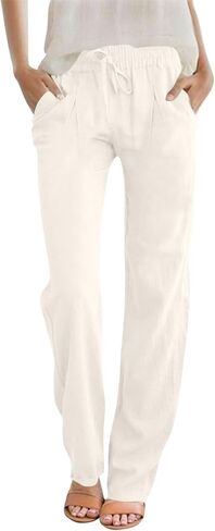 LRMQS Summer Cotton Linen Pants for Women 2026 Casual Drawstring Elastic Waist Trendy Trousers with Pockets Beach Clothes in Saudi Arabia