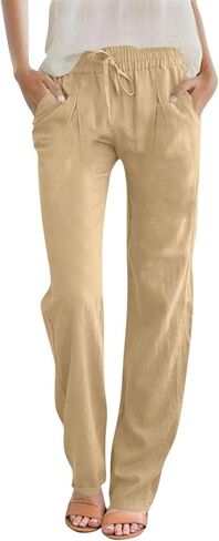LRMQS Summer Cotton Linen Pants for Women 2026 Casual Drawstring Elastic Waist Trendy Trousers with Pockets Beach Clothes in Saudi Arabia