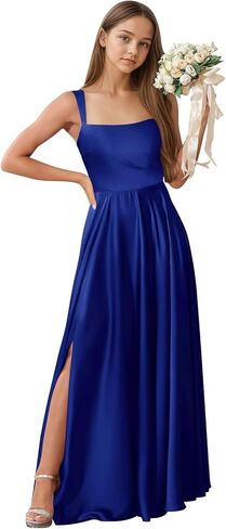 Satin Junior Bridesmaid Dress for Wedding Spaghetti Strap Slit Sleeveless A-Line Long Teen Girls Flower Girl Dress in Kuwait