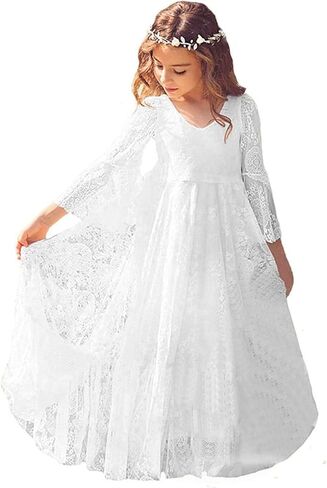 White Lace Flower Girl Dress with Long Sleeves, Floor Length, V-Neck, Formal Wedding Party Dress for Girls in Saudi Arabia