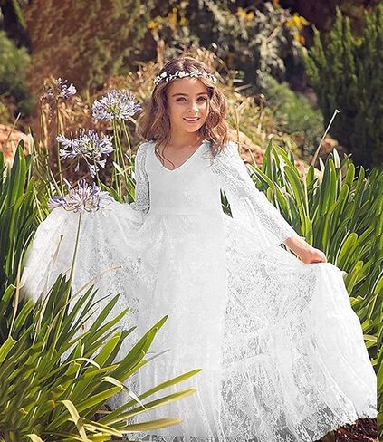 White Lace Flower Girl Dress with Long Sleeves, Floor Length, V-Neck, Formal Wedding Party Dress for Girls in Saudi Arabia