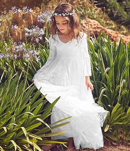 White Lace Flower Girl Dress with Long Sleeves, Floor Length, V-Neck, Formal Wedding Party Dress for Girls in Saudi Arabia