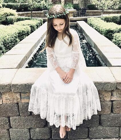 White Lace Flower Girl Dress with Long Sleeves, Floor Length, V-Neck, Formal Wedding Party Dress for Girls in Saudi Arabia