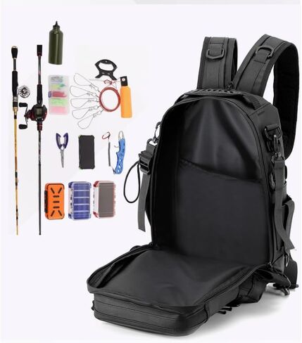 Fishing Backpack, Black, MOLLE System, Multi-Pocket, Water-Resistant, Rod Holder, Outdoor Tackle Storage in Saudi Arabia