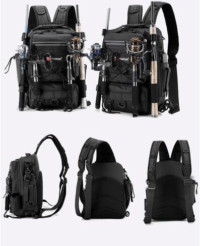 Fishing Backpack, Black, MOLLE System, Multi-Pocket, Water-Resistant, Rod Holder, Outdoor Tackle Storage in Saudi Arabia