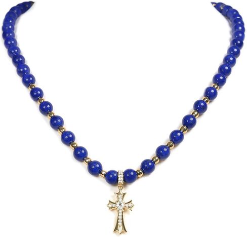 قلادة قلادة نسائية من Seninio Nature Lapis Lazuli مصنوعة يدويًا من الذهب عيار 14 قيراط والماس ومجوهرات مصنوعة يدويًا من حجر أزرق ملكي بطول 45.72 سم للصديقات والأم هديتها جاهزة in Saudi Arabia