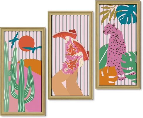 Putuo Decor Abstract Boho Wall Art Set of 3, Modern Geometric Design with Green, Pink, and Beige Tones for Living Room Bedroom Office, Minimalist Wooden Panel Decor in Saudi Arabia