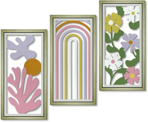 Putuo Decor Abstract Boho Wall Art Set of 3, Modern Geometric Design with Green, Pink, and Beige Tones for Living Room Bedroom Office, Minimalist Wooden Panel Decor in Saudi Arabia