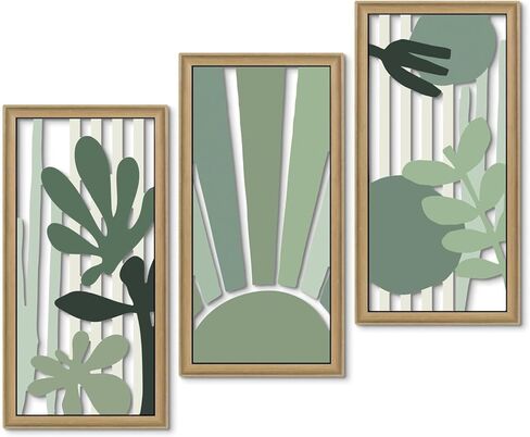 Putuo Decor Abstract Boho Wall Art Set of 3, Modern Geometric Design with Green, Pink, and Beige Tones for Living Room Bedroom Office, Minimalist Wooden Panel Decor in Saudi Arabia