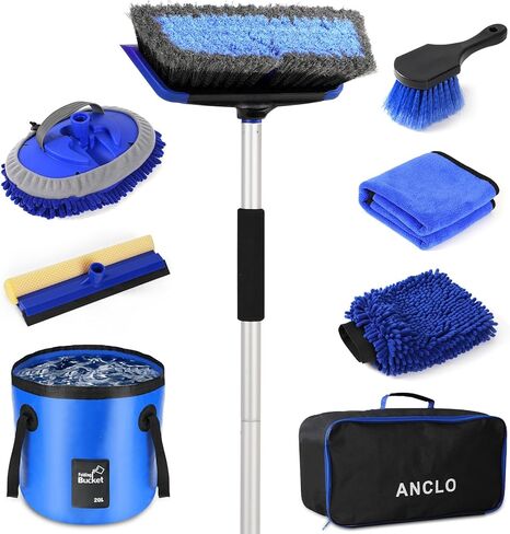 فرشاة غسيل السيارة مقاس 62 بوصة بمقبض طويل، طقم ممسحة غسيل السيارة خالية من الخدوش مع دلو غسيل السيارة، فرشاة إطار العجلة، منشفة قفاز الغسيل، ممسحة الزجاج الأمامي، مجموعة فرشاة تنظيف السيارة للسيارات RV Truck Boat in Kuwait