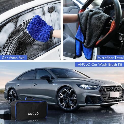 فرشاة غسيل السيارة مقاس 62 بوصة بمقبض طويل، طقم ممسحة غسيل السيارة خالية من الخدوش مع دلو غسيل السيارة، فرشاة إطار العجلة، منشفة قفاز الغسيل، ممسحة الزجاج الأمامي، مجموعة فرشاة تنظيف السيارة للسيارات RV Truck Boat in Kuwait