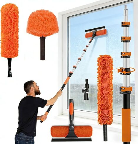 مجموعات منفضة سقف عالية 30 قدمًا مع عمود تمديد تلسكوبي 5-24 قدمًا - منظف شفرة المروحة، مزيل نسيج العنكبوت ومجموعة تنظيف النوافذ، فرشاة غبار قابلة للغسل للأسطح العالية والأسطح الزجاجية in Kuwait