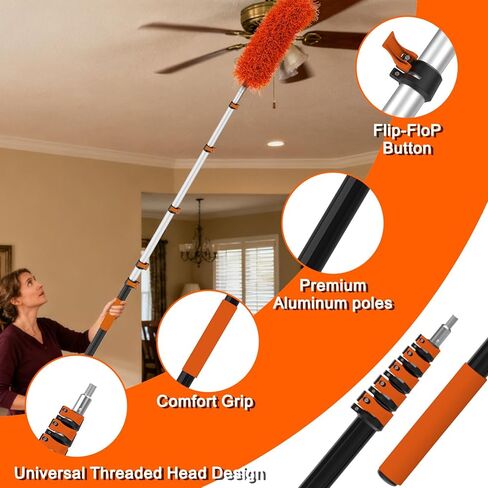 مجموعات منفضة سقف عالية 30 قدمًا مع عمود تمديد تلسكوبي 5-24 قدمًا - منظف شفرة المروحة، مزيل نسيج العنكبوت ومجموعة تنظيف النوافذ، فرشاة غبار قابلة للغسل للأسطح العالية والأسطح الزجاجية in Kuwait