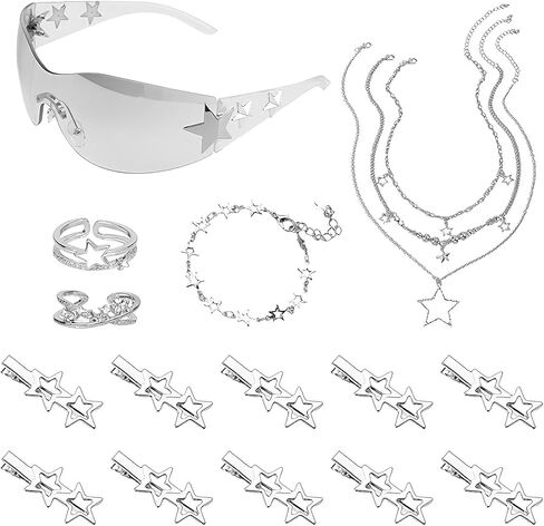 مجموعة إكسسوارات فضية Y2K مكونة من 18 قطعة، مجوهرات Grunge Star Emo متضمنة قلادة نجمة Y2K ذات طبقات وسوار فاسق ونظارات شمسية وحلقات جمالية ومشابك شعر على شكل نجمة للنساء إكسسوارات بديلة in Kuwait