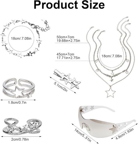 مجموعة إكسسوارات فضية Y2K مكونة من 18 قطعة، مجوهرات Grunge Star Emo متضمنة قلادة نجمة Y2K ذات طبقات وسوار فاسق ونظارات شمسية وحلقات جمالية ومشابك شعر على شكل نجمة للنساء إكسسوارات بديلة in Kuwait