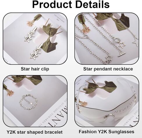 مجموعة إكسسوارات فضية Y2K مكونة من 18 قطعة، مجوهرات Grunge Star Emo متضمنة قلادة نجمة Y2K ذات طبقات وسوار فاسق ونظارات شمسية وحلقات جمالية ومشابك شعر على شكل نجمة للنساء إكسسوارات بديلة in Kuwait