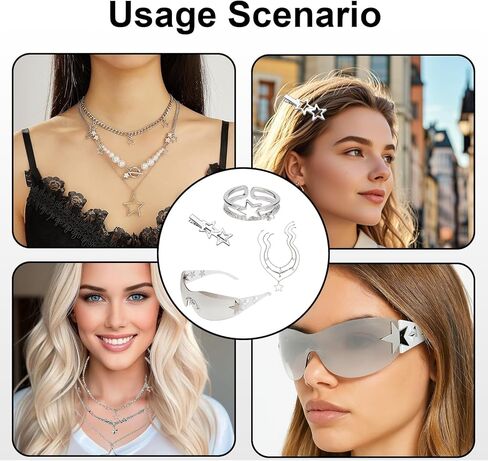 مجموعة إكسسوارات فضية Y2K مكونة من 18 قطعة، مجوهرات Grunge Star Emo متضمنة قلادة نجمة Y2K ذات طبقات وسوار فاسق ونظارات شمسية وحلقات جمالية ومشابك شعر على شكل نجمة للنساء إكسسوارات بديلة in Kuwait