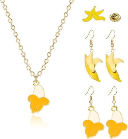 4 Pcs Banana Jewelry Set for Women Summer Tropical Fruit Theme Earrings Cute Lifelike Banana Necklaces Charm Chic Pins Boho Beach Holiday Birthday Party Jewelry Gifts in Saudi Arabia