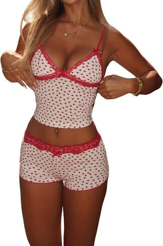 Sastianaen Women Heart Print Pajamas Y2k 2 Piece Lace Shorts Set Sleeveless Cami Top and Shorts Pajama Sets Sleepwear in Saudi Arabia