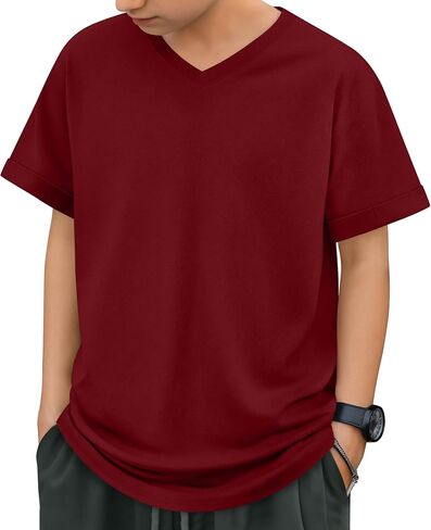 Boys Short Sleeve T Shirt Kids V Neck Summer Basic Top Plain Rolled Sleeve Loose Tee Size 5-14 Years in Saudi Arabia