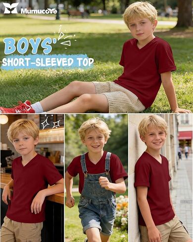 Boys Short Sleeve T Shirt Kids V Neck Summer Basic Top Plain Rolled Sleeve Loose Tee Size 5-14 Years in Saudi Arabia