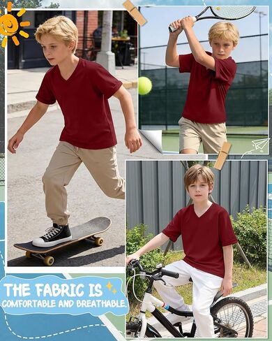 Boys Short Sleeve T Shirt Kids V Neck Summer Basic Top Plain Rolled Sleeve Loose Tee Size 5-14 Years in Saudi Arabia