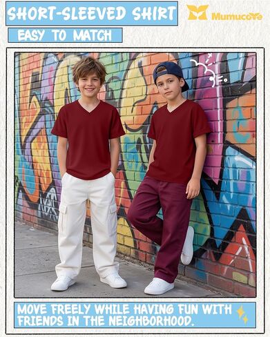 Boys Short Sleeve T Shirt Kids V Neck Summer Basic Top Plain Rolled Sleeve Loose Tee Size 5-14 Years in Saudi Arabia