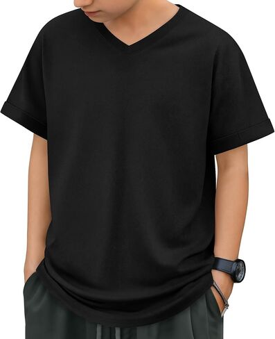 Boys Short Sleeve T Shirt Kids V Neck Summer Basic Top Plain Rolled Sleeve Loose Tee Size 5-14 Years in Saudi Arabia
