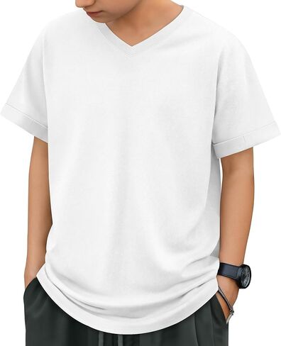 Boys Short Sleeve T Shirt Kids V Neck Summer Basic Top Plain Rolled Sleeve Loose Tee Size 5-14 Years in Saudi Arabia