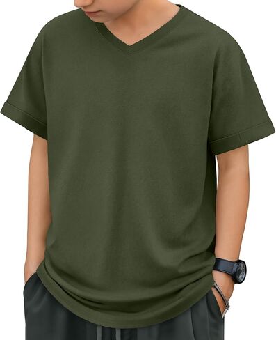 Boys Short Sleeve T Shirt Kids V Neck Summer Basic Top Plain Rolled Sleeve Loose Tee Size 5-14 Years in Saudi Arabia