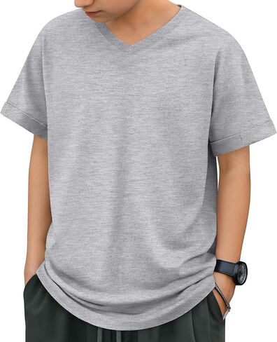 Boys Short Sleeve T Shirt Kids V Neck Summer Basic Top Plain Rolled Sleeve Loose Tee Size 5-14 Years in Saudi Arabia