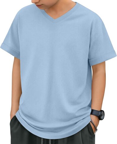 Boys Short Sleeve T Shirt Kids V Neck Summer Basic Top Plain Rolled Sleeve Loose Tee Size 5-14 Years in Saudi Arabia